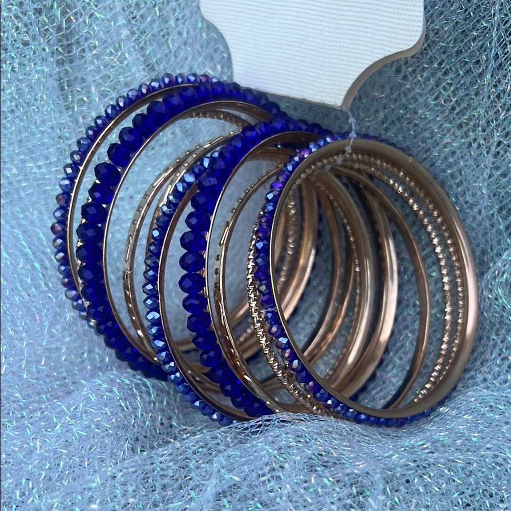 Sophia & Kate Blue and Gold rhinestone Bangle Set. New